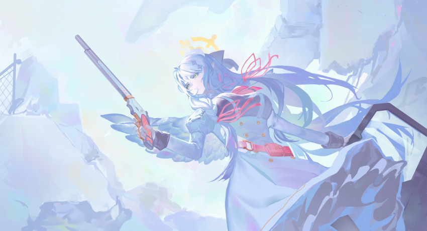 1girl aircctzillie ballistic_shield blue_archive blue_hair braid closed_mouth dress feathered_wings from_below gloves green_eyes gun hat highres holding holding_gun holding_shield holding_weapon lever_action long_hair mine_(blue_archive) nurse_cap pointy_ears shield sidelocks solo twin_braids weapon white_dress white_gloves white_hat wings