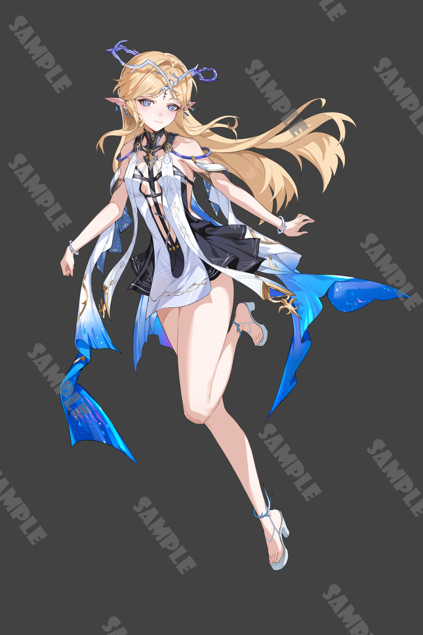 1girl absurdres bare_legs bare_shoulders black_collar black_dress blonde_hair blue_eyes breasts cartethyia_(wuthering_waves) chinese_commentary closed_mouth collar commentary_request crown_of_thorns doufu_si_yi dress earrings full_body grey_background hair_intakes highres jewelry legs long_hair looking_at_viewer medium_breasts necklace pointy_ears sample_watermark sandals simple_background smile solo tabard tacet_mark_(wuthering_waves) thighs very_long_hair watermark white_sandals white_tabard wuthering_waves