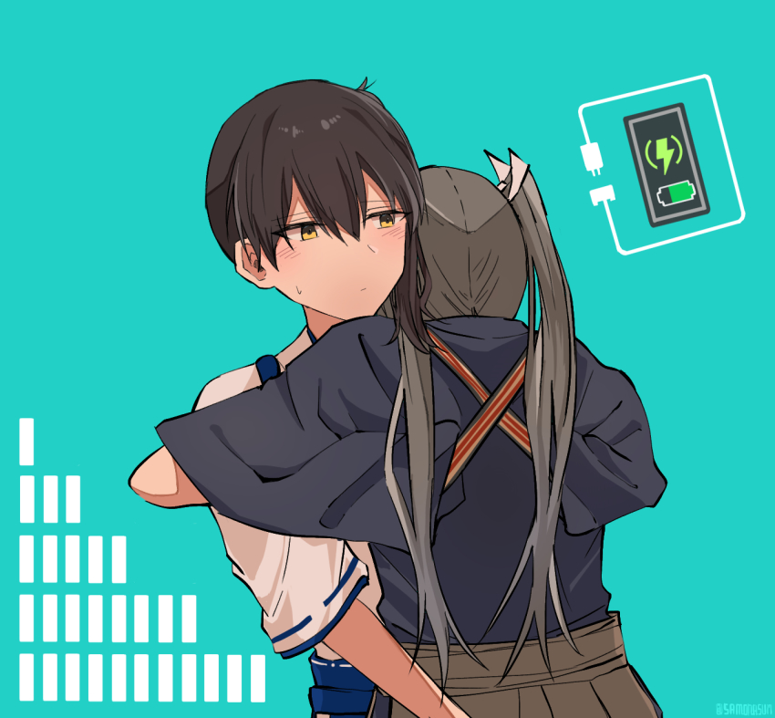 2girls blue_hakama brown_eyes brown_hair brown_hakama dark_green_hair hair_ribbon hakama highres hug japanese_clothes kaga_(kancolle) kantai_collection long_hair multiple_girls ribbon samonasu17 short_sidetail side_ponytail tasuki twintails white_ribbon yuri zuikaku_(kancolle) zuikaku_kai_ni_(kancolle)