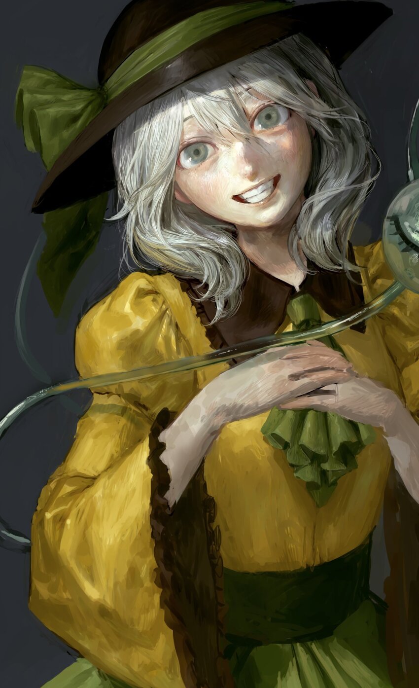 1girl green_eyes grey_hair hands_on_own_chest hat hatena_(nazequestion) highres komeiji_koishi looking_at_viewer medium_hair own_hands_together skirt smile solo teeth third_eye touhou upper_body wide-eyed