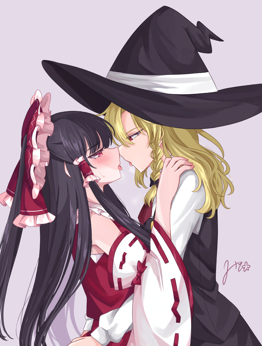 2girls absurdres after_kiss arms_around_waist black_vest blonde_hair blush bow braid brown_hair commentary_request detached_sleeves eye_contact frilled_bow frilled_hair_tubes frills hair_bow hair_tubes hakurei_reimu hand_on_another&#039;s_shoulder hat highres kirisame_marisa long_hair long_sleeves looking_at_another mito_(fate) multiple_girls red_bow red_eyes red_skirt ribbon-trimmed_sleeves ribbon_trim saliva saliva_trail shirt side_braid signature skirt skirt_set sweatdrop tongue tongue_out touhou vest white_shirt witch_hat yuri