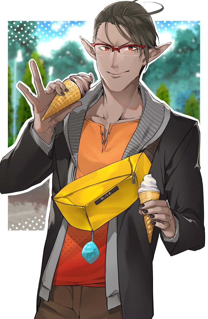 1boy black_hair black_nails brown_pants closed_mouth dark-skinned_male dark_skin food glasses gwelu_os_gar gwelu_os_gar_(3rd_costume) highres holding holding_food holding_ice_cream holding_ice_cream_cone ice_cream ice_cream_cone jacket jip looking_at_viewer male_focus mole mole_under_eye nijisanji open_clothes open_jacket orange_shirt pants pointy_ears red-framed_eyewear red_eyes shirt solo virtual_youtuber yellow_bag