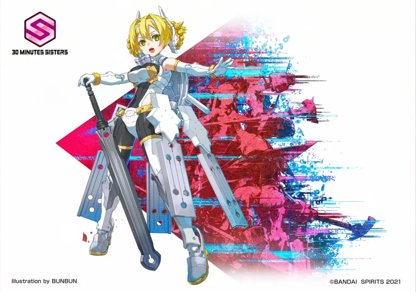 1girl 30_minutes_sisters armor armored_boots blonde_hair boots bunbun green_eyes official_art promotional_art shield shield_on_back sword weapon yufia