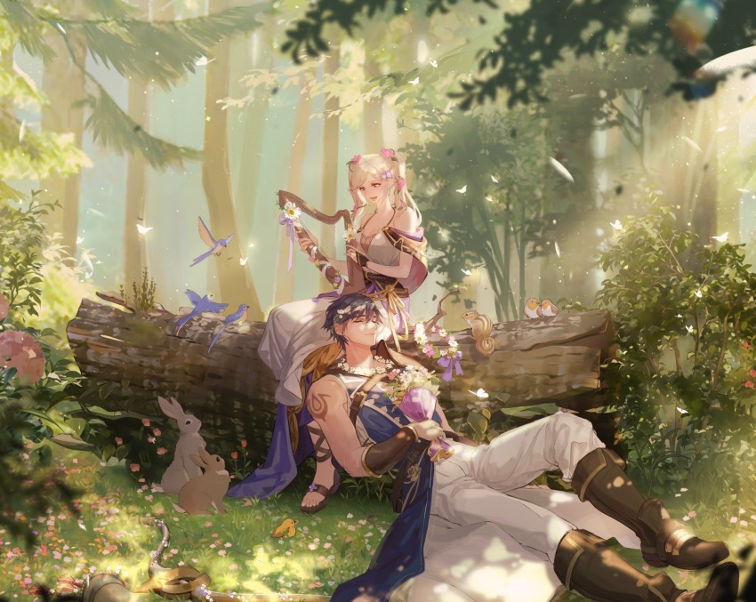 1boy 1girl animal arm_tattoo arrow_(projectile) bird blue_hair bluebird boots bouquet bow_(weapon) chipmunk chrom_(fire_emblem) chrom_(valentine)_(fire_emblem) commission couple dress female_robin_(fire_emblem) fire_emblem fire_emblem_awakening fire_emblem_heroes flower forest grey_hair hair_flower hair_ornament head_wreath head_wreath_removed heart highres lap_pillow liekahp log nature nintendo official_alternate_costume quiver rabbit robin_(animal) female_robin_(valentine)_(fire_emblem) sandals sleeveless smile squirrel tattoo tree twintails weapon