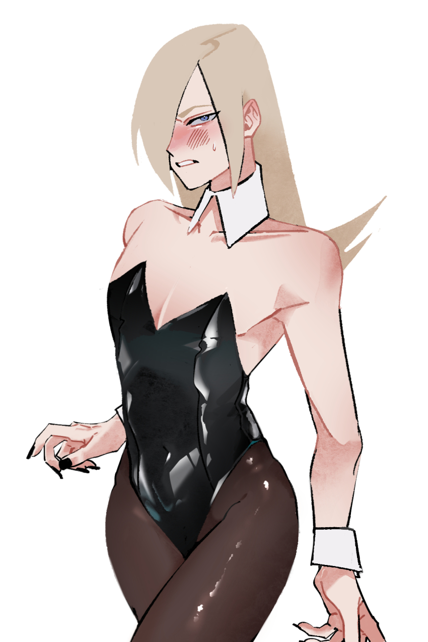 1boy black_leotard black_nails blonde_hair blue_eyes blush collar commentary crossdressing crossdressing_(mtf) detached_collar embarrassed hair_over_one_eye hand_up hexermer highres latex leotard long_hair male_focus nail_polish one_eye_covered pantyhose pectoral_cleavage pectorals saiki_(kof) shiny_clothes solo sweatdrop the_king_of_fighters the_king_of_fighters_xiii white_collar white_wrist_cuffs wrist_cuffs