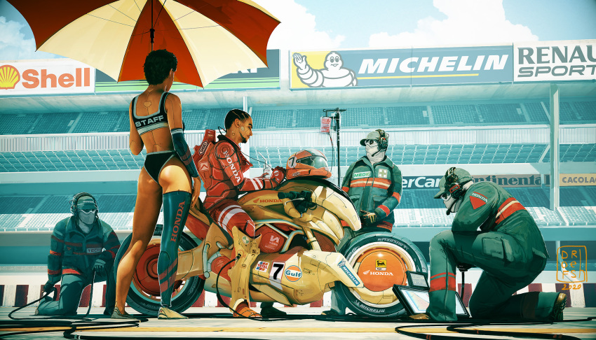 1girl 4boys android armor beard bikini black_bikini black_hair cable car commentary dark-skinned_male dark_skin dofresh english_commentary facial_hair gloves headset helmet highres holding holding_umbrella mask mechanical_legs michelin michelin_man moto_gp motor_vehicle motorcycle mouth_mask multiple_boys orange_helmet original power_armor race_queen race_vehicle racecar red_gloves renault science_fiction shell_(company) short_hair single_mechanical_leg sunglasses swimsuit umbrella unworn_headwear unworn_helmet vehicle_focus