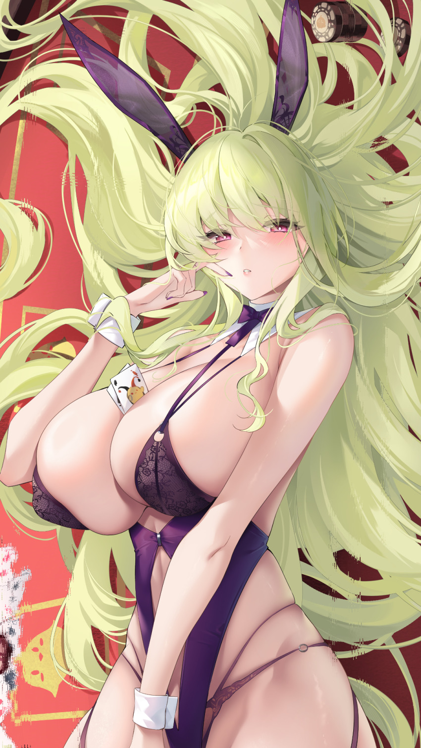 1girl animal_ears azur_lane bare_shoulders between_breasts breasts card card_between_breasts covered_erect_nipples dakimakura_(medium) fake_animal_ears green_hair highres huge_breasts leotard long_hair looking_at_viewer napoli_(azur_lane) napoli_(dreamy_night)_(azur_lane) o-yatsu official_alternate_costume panties playboy_bunny poker_chip poker_table purple_leotard purple_panties rabbit_ears red_eyes skindentation solo table underwear very_long_hair white_wrist_cuffs wrist_cuffs