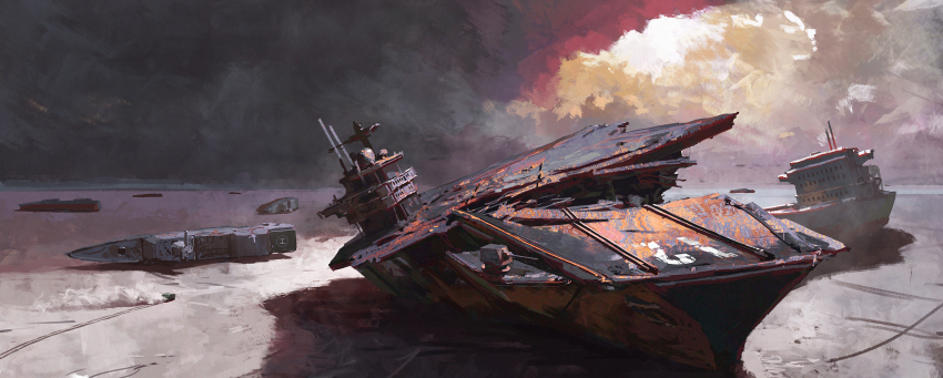 abandoned aircraft_carrier cloud cloudy_sky highres landscape lhlclllx97 military_vehicle no_humans original scenery science_fiction shadow ship shipwreck shore sky sunlight warship watercraft