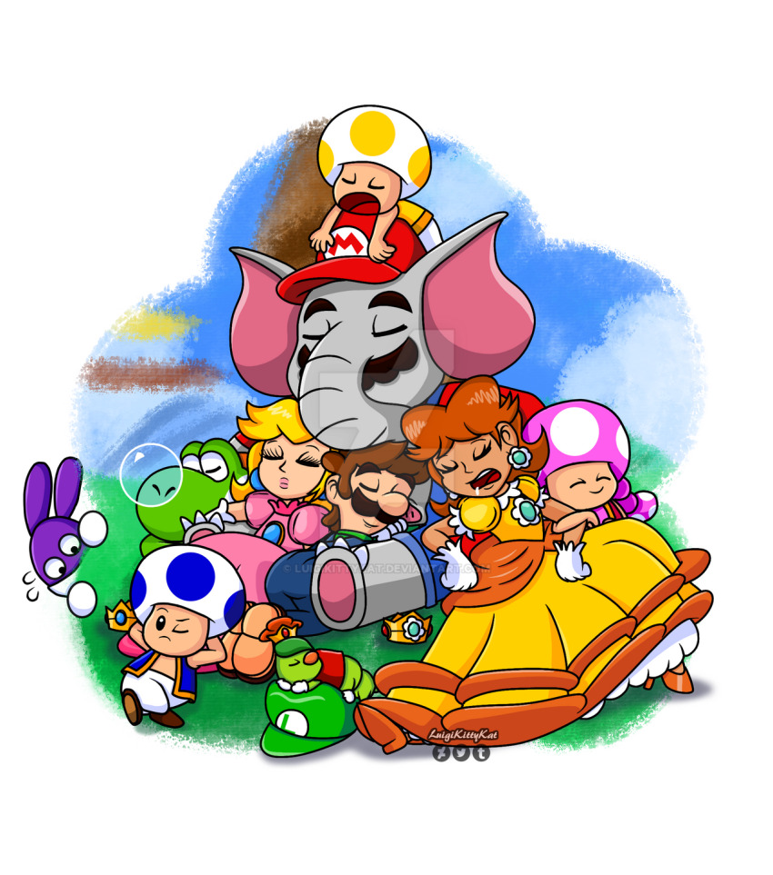 3boys 3girls blonde_hair brooch brown_hair closed_eyes crown dress earrings elephant_mario flower_earrings gloves grin hat highres jewelry long_hair luigi mario mario_(series) multiple_boys multiple_girls nabbit nintendo orange_dress pink_dress prince_florian princess_daisy princess_peach puffy_short_sleeves puffy_sleeves short_sleeves sitting sleeping smile super_mario_bros._wonder toad_(mario) toadette yoshi