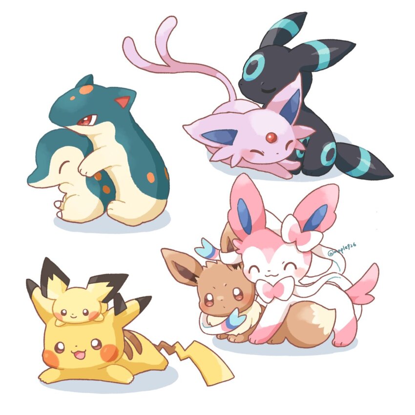 alternate_color blush bow brown_eyes cyndaquil eevee espeon forehead_jewel forked_tail full_body gen_1_pokemon gen_2_pokemon gen_6_pokemon highres kana_(maple926) nintendo open_mouth pichu pikachu pokemon pokemon_(creature) quilava red_eyes ribbon shadow shiny_pokemon simple_background smile sylveon tail umbreon white_background