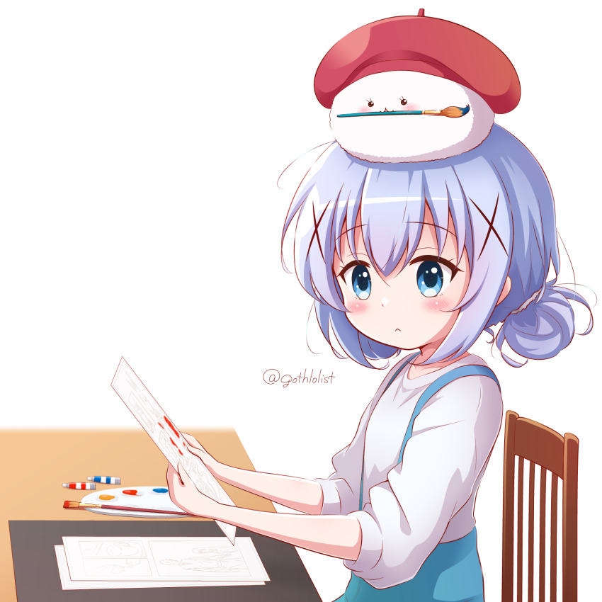 1girl :&lt; angora_rabbit animal animal_on_head beret blue_eyes blue_hair blue_skirt blush chair closed_mouth commentary_request double_bun gochuumon_wa_usagi_desu_ka? goth_risuto hair_bun hair_ornament hat highres holding kafuu_chino looking_at_viewer mouth_hold on_chair on_head paintbrush paint_palette purple_hair rabbit red_hat shirt simple_background sitting skirt suspender_skirt suspenders tippy_(gochiusa) twitter_username white_background white_shirt x_hair_ornament