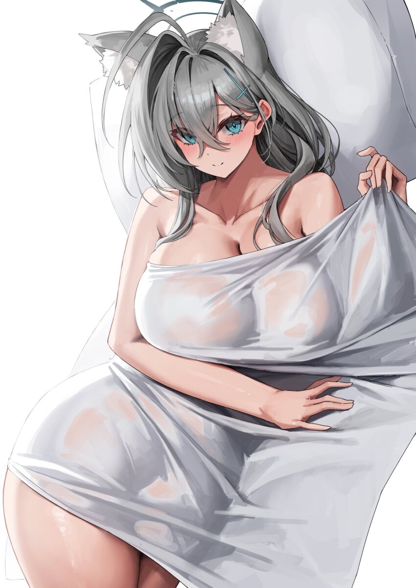 animal_ear_fluff animal_ears black_halo blanket blue_archive broken_halo completely_nude covering_with_blanket cross cross_hair_ornament dark_halo extra_ears grey_hair hair_ornament halo highres inverted_cross looking_at_viewer lying mismatched_pupils nude pillow shiroko_(blue_archive) shiroko_terror_(blue_archive) tagme under_covers wolf_ears wolf_girl wrapped_in_blanket yamanokami_eaka