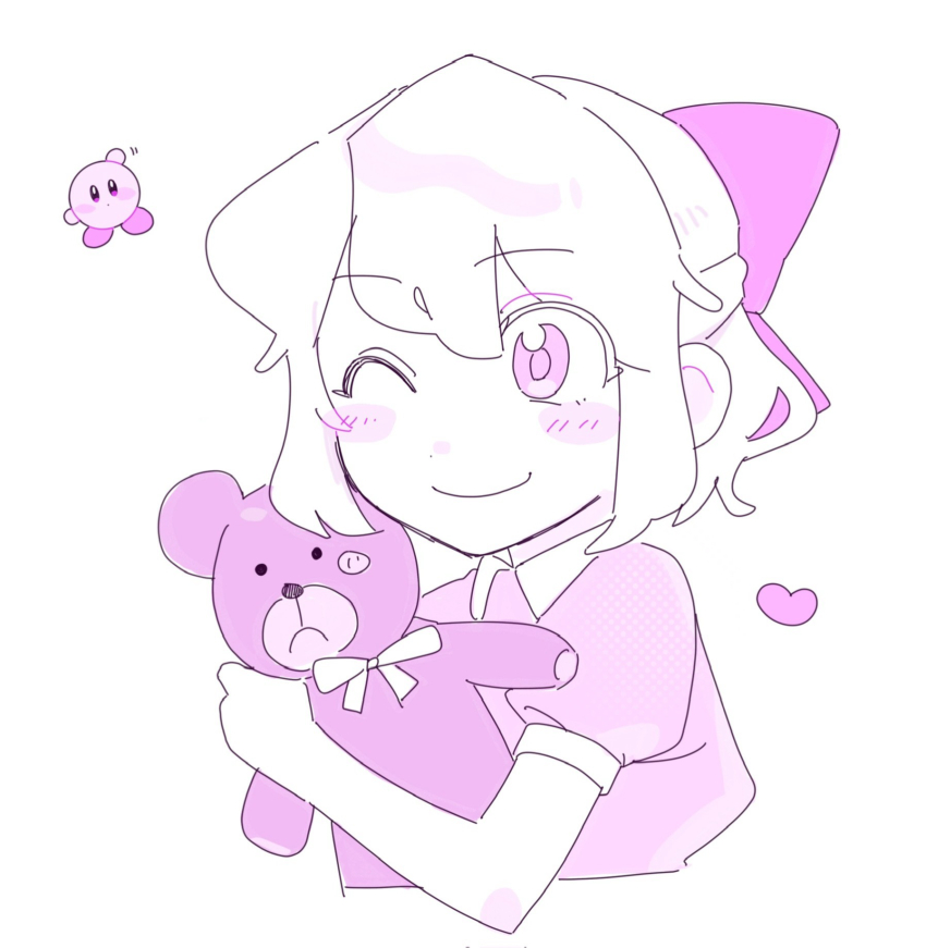 1girl blonde_hair bow color_connection company_name crossover cyappy1022 dress hair_bow highres kirby kirby_(series) mother_(series) mother_2 nintendo one_eye_closed paula_(mother_2) pink_dress pink_theme short_hair smile stuffed_animal stuffed_toy teddy_bear upper_body