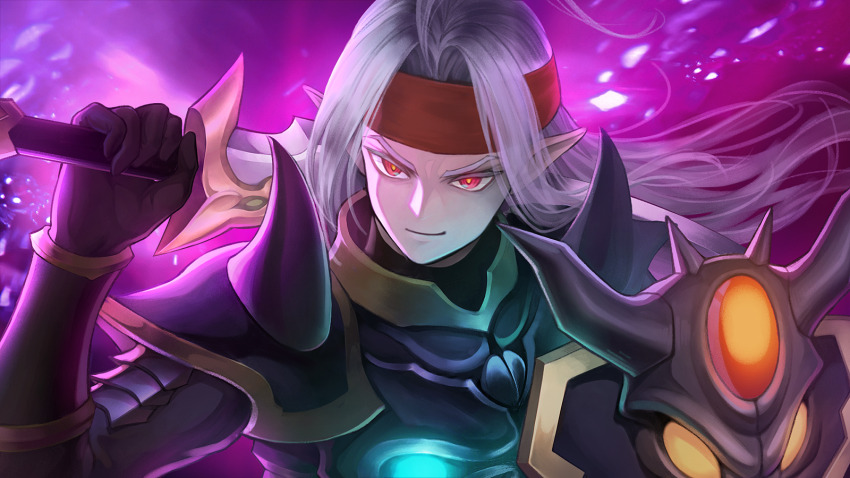 1boy ahoge armor black_armor black_gloves colored_eyelashes commentary_request dragon_quest dragon_quest_iv dragon_quest_rivals floating_hair gloves glowing headband highres holding holding_shield holding_sword holding_weapon male_focus nukadoko_mogera official_alternate_costume orange_pupils parted_hair pisaro pointy_ears red_eyes red_headband shield smirk solo spiked_pauldrons sword upper_body weapon white_hair