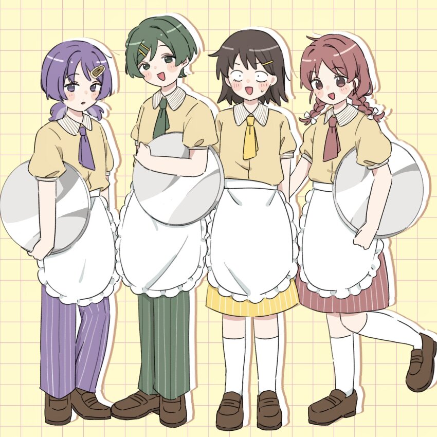 4girls apron braid brown_hair brown_shoes cha_(ntrikti) contrast_collar drop_shadow employee_uniform frilled_apron frills fujii_ayame full_body futsuu_no_keion-bu green_necktie green_pants grid_background hair_ornament hairclip hatono_chihiro heartbreak_(futsuu_no_keion-bu) highres holding_apron kouyama_rin loafers looking_at_viewer multiple_girls necktie official_alternate_costume pants puffy_short_sleeves puffy_sleeves purple_eyes purple_hair purple_necktie purple_pants red_eyes red_hair red_necktie red_pants shoes short_hair short_sleeves short_twintails skirt socks standing striped_clothes striped_collar striped_pants striped_skirt striped_sleeve_cuffs twin_braids twintails uchida_momo vertical-striped_clothes vertical-striped_pants vertical-striped_skirt waist_apron waitress white_apron white_socks yellow_necktie yellow_skirt