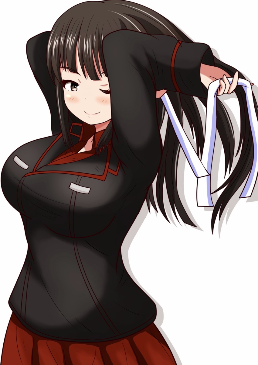 1girl alternate_costume arms_behind_head arms_up blush brown_eyes brown_hair closed_mouth commentary cowboy_shot girls_und_panzer hair_ribbon half-closed_eye highres holding holding_ribbon kuromorimine_school_uniform long_hair looking_at_viewer meiya nishizumi_shiho one_eye_closed ribbon school_uniform shadow simple_background smile solo standing straight_hair tying_hair white_background white_ribbon