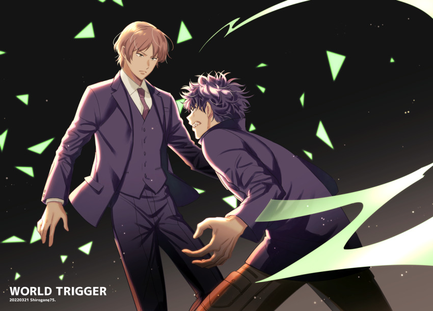2boys battle black_background black_hair black_jacket brown_hair brown_pants charging_forward clenched_teeth collared_shirt copyright_name dated dress_shirt duel formal_clothes frown glowing gradient_background jacket kageura_masato light_particles long_sleeves looking_at_another looking_away male_focus multiple_boys necktie ninomiya_masataka pants purple_hair purple_jacket purple_pants purple_vest red_necktie sharp_teeth shirogane750 shirt short_hair spiked_hair suit teeth triangle twitter_username uniform vest white_shirt world_trigger