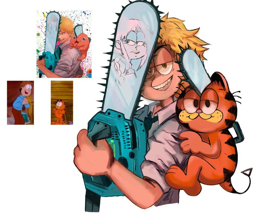 1boy 1girl black_eyes blonde_hair cat chainsaw chainsaw_man clue! commentary denji_(chainsaw_man) derivative_work english_commentary garfield garfield_(character) highres holding holding_chainsaw jim_davis_(style) jon_arbuckle makima_(chainsaw_man) pochita_(chainsaw_man) reference_inset reflection shirt short_hair simple_background upper_body white_background white_shirt