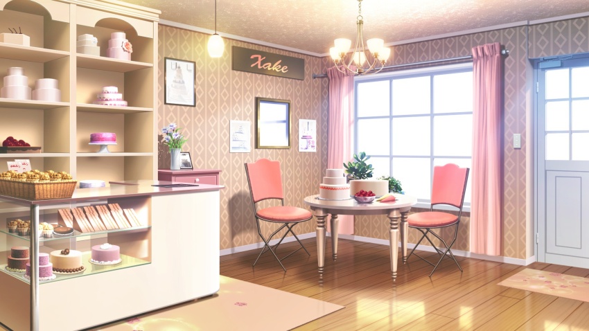 bakery bowl cake cake_slice ceiling_light chair chandelier curtains display_case door drawer food fruit_bowl highres indoors mat muffin no_humans non-web_source official_art our_life:_beginnings_and_always pastry_bag photo_(object) plant potted_plant scenery shop sign table vase window_light wooden_floor