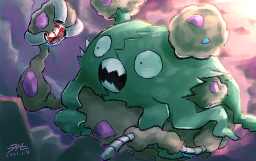 can commentary_request dated drink_can garbodor gen_5_pokemon holding holding_can looking_at_object nintendo no_humans null_suke one-hour_drawing_challenge open_mouth pokemon pokemon_(creature) sharp_teeth signature soda_can teeth trash