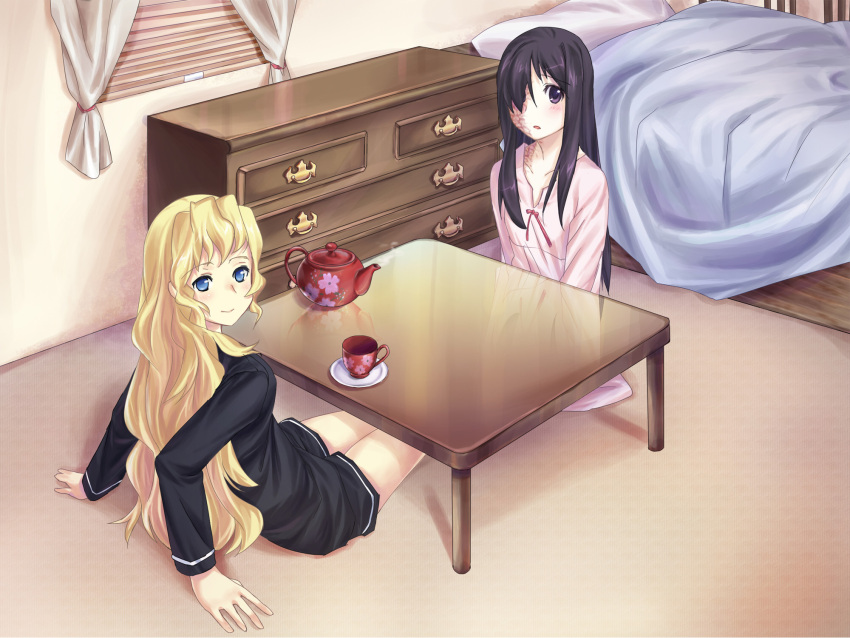 2girls artist_request bed black_pants black_shirt blanket blonde_hair blue_eyes blush burn_scar chest_of_drawers closed_mouth cup curtains game_cg hair_over_one_eye highres ikezawa_hanako indoors katawa_shoujo long_hair multiple_girls non-web_source official_art on_floor open_mouth pants pillow pink_robe plate purple_eyes purple_hair reflection robe satou_lilly scar scar_on_face shirt sitting smile table teacup teapot window_blinds