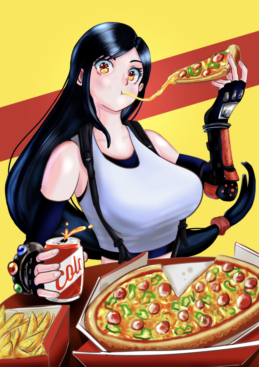 1girl absurdres black_gloves blush bossketeo can cheese cheese_trail eating elbow_gloves final_fantasy final_fantasy_vii final_fantasy_vii_remake fingerless_gloves food gloves highres holding holding_food holding_pizza italian_senate_porn_livestream_(meme) long_hair looking_at_viewer low-tied_long_hair pepperoni pizza pizza_box pizza_slice red_eyes solo suspenders tank_top tifa_lockhart white_tank_top