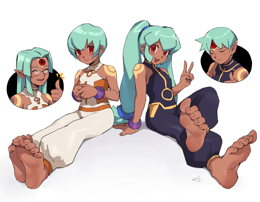 2boys 2girls absurdres alternate_universe armlet baggy_pants barefoot closed_eyes commission commissioner_upload embarrassed gatz_(mega_man) geetz_(mega_man) green_hair highres jewelry karen_(karenoni1031) long_hair mega_man_(series) mega_man_legends_(series) mega_man_legends_2 multiple_boys multiple_girls open_mouth pants red_eyes second-party_source sera_(mega_man) short_sleeves sitting smile soles thumbs_up toes twintails v yuna_(mega_man)