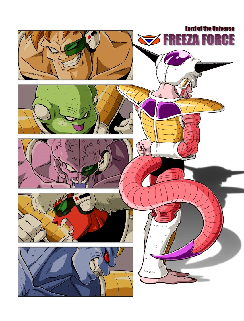 &gt;:) 1st_form_frieza 6+boys :d arm_behind_back armor barefoot blue_skin brown_hair burter captain_ginyu clenched_hand collarbone colored_skin dragon_ball dragonball_z fang frieza ginyu_force gloves green_skin grin guldo hand_on_own_chin highres horns jeice leg_armor male_focus multiple_boys muscular no_pupils open_mouth pink_skin purple_skin recoome red_eyes red_skin scouter shinomiya_akino smile tail teeth v-shaped_eyebrows veins white_hair