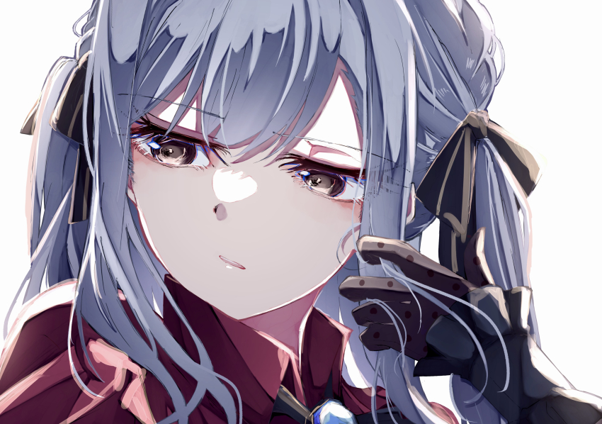 1girl absurdres bang_dream! bang_dream!_it&#039;s_mygo!!!!! black_eyes black_gloves black_ribbon blue_hair commentary english_commentary gloves hair_ribbon highres long_hair mixed-language_commentary nuruponnu oblivionis_(bang_dream!) portrait red_shirt ribbon shirt simple_background solo togawa_sakiko tucking_hair very_long_hair white_background