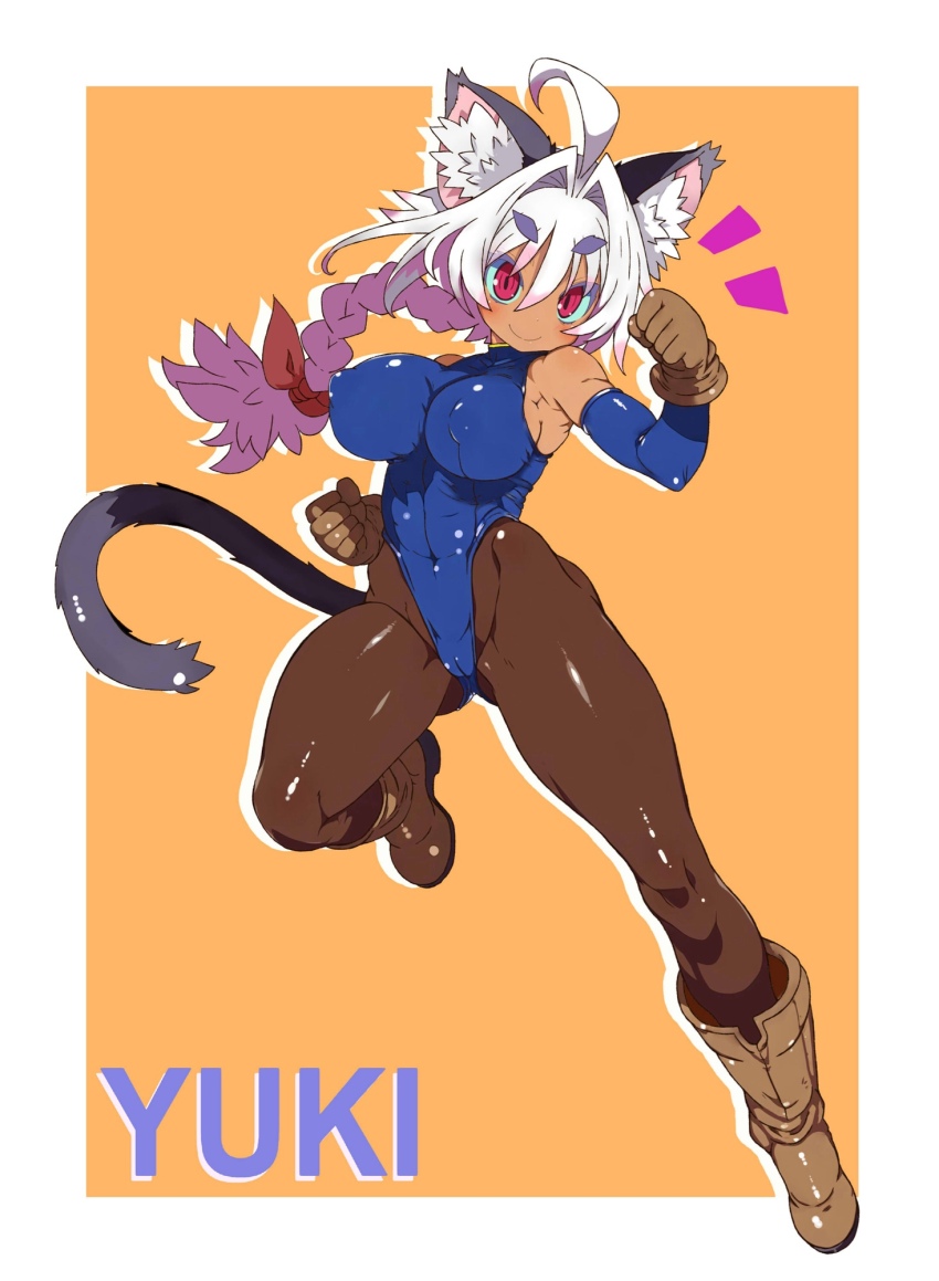 1girl ahoge animal_ears armpits blue_leotard blue_sleeves blush boots breasts brown_boots brown_gloves cat_ears cat_girl cat_tail character_name clenched_hand closed_mouth colored_tips covered_erect_nipples covered_navel dark-skinned_female dark_skin gloves groin hair_between_eyes highres large_breasts leotard looking_at_viewer multicolored_hair original ponytail red_eyes short_eyebrows silhouette smile solo standing standing_on_one_leg tail tsukinoha_mio white_hair