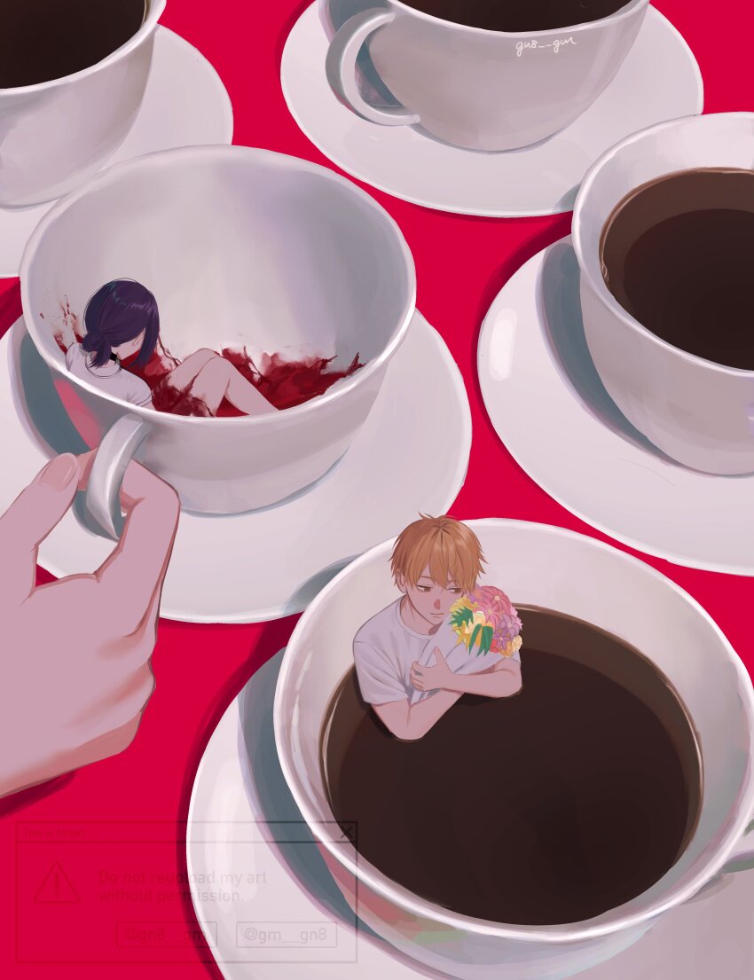 1boy 1girl 1other absurdres black_choker blood bouquet chainsaw_man choker coffee commentary_request cup death denji_(chainsaw_man) drink flower food gm_gn8 hair_bun highres holding holding_bouquet in_food orange_hair partially_submerged purple_hair reze_(chainsaw_man) saucer shirt short_hair single_hair_bun teacup white_shirt