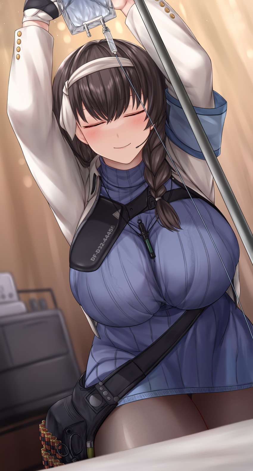 1girl absurdres ammunition armband arms_up bed black_pantyhose blue_sweater blush bra bra_visible_through_clothes braid braided_ponytail breasts brown_hair chien_zero closed_eyes closed_mouth commentary cowboy_shot curtains curvy dutch_angle earpiece facing_viewer fanny_pack gloves goddess_of_victory:_nikke hair_over_shoulder hairband highres infirmary intravenous_drip jacket jewelry lace lace-trimmed_bra lace_trim large_breasts long_hair long_sleeves mary_(nikke) necklace open_clothes open_jacket pantyhose revision ribbed_sweater shotgun_shell smile solo standing sweater thick_thighs thighs turtleneck turtleneck_sweater underwear white_gloves white_hairband white_jacket