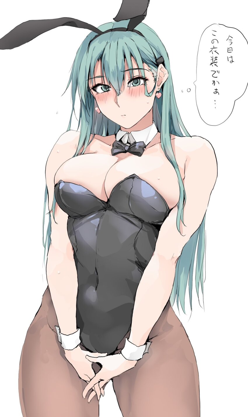 1girl alternate_costume animal_ears black_bow black_bowtie black_leotard blue_eyes blue_hair blush bow bowtie breasts brown_pantyhose cleavage closed_mouth commentary covered_navel cowboy_shot detached_collar earrings fake_animal_ears hair_between_eyes hair_ornament hairclip heart heart_earrings highres jewelry kantai_collection large_breasts leotard long_hair looking_at_viewer own_hands_together pantyhose playboy_bunny rabbit_ears simple_background solo strapless strapless_leotard suzuya_(kancolle) sweat symbol-only_commentary translation_request white_background wrist_cuffs zekkyon