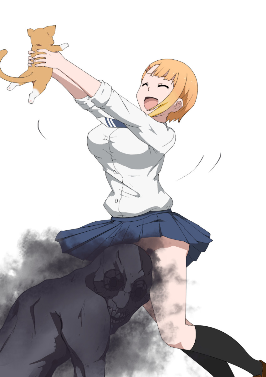 1boy 1girl :d ^_^ absurdres animal blonde_hair breasts cat closed_eyes clothes_lift convenient_censoring ghost gobanme_no_mayoi_neko gradient_hair hana_(mieruko-chan) highres holding holding_animal holding_cat horror_(theme) large_breasts looking_at_viewer mieruko-chan multicolored_hair no_panties open_mouth orange_hair school_uniform short_hair skirt skirt_lift smile white_background yurikawa_hana