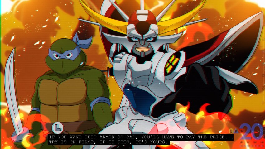2boys armor blue_eyes crossover fire highres leonardo_(tmnt) looking_at_viewer mask multiple_boys ninja ronin_warriors samurai sanada_ryou serious sword teenage_mutant_ninja_turtles teenage_mutant_ninja_turtles_(1987) turtle weapon