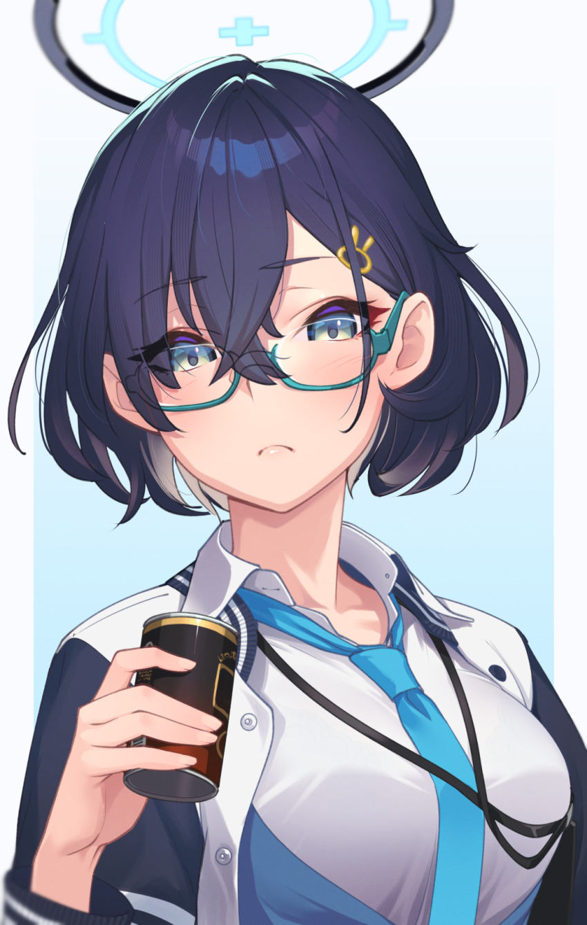 1girl black_hair blue-framed_eyewear blue_archive blue_eyes blue_necktie can canned_coffee chihiro_(blue_archive) commentary_request drink_can eyes_visible_through_hair frown glasses gradient_background hair_between_eyes hair_ornament hairclip halo highres hikichi_sakuya holding holding_can jacket long_sleeves looking_at_viewer necktie shirt short_hair simple_background solo upper_body white_shirt