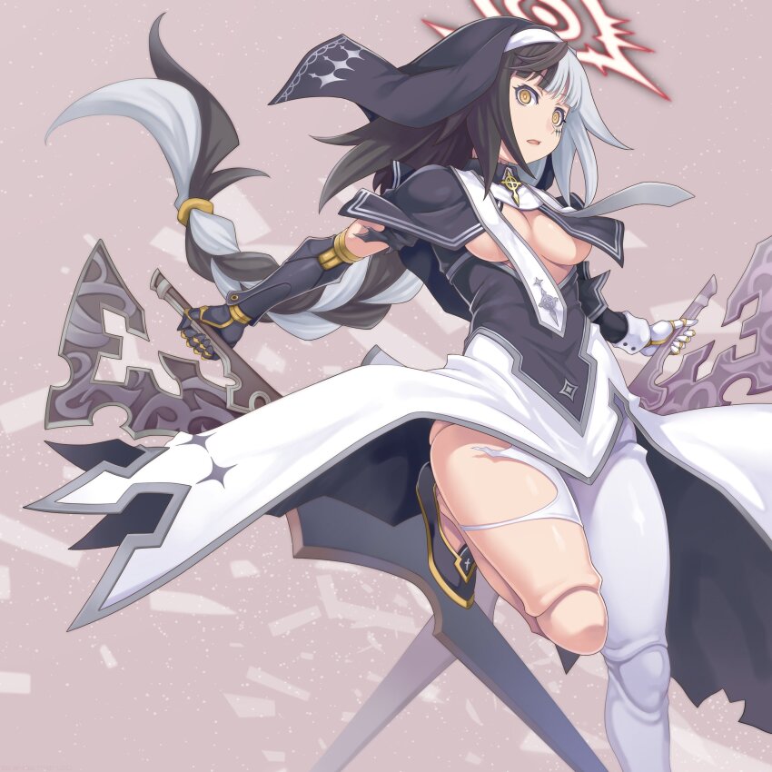 1girl absurdres arrow_cross black_capelet black_footwear black_hair borrowed_character braid braided_ponytail breast_curtains breasts capelet celtic_cross coif commission cross doll_joints dress facial_mark gauntlets habit halo highres holding holding_weapon joints large_breasts leg_up looking_at_viewer maruto! multicolored_hair nun open_mouth original pantyhose simple_background skeb_commission stole torn torn_clothes torn_pantyhose two-tone_hair veil violet_(ac8231) weapon white_hair white_pantyhose yellow_eyes