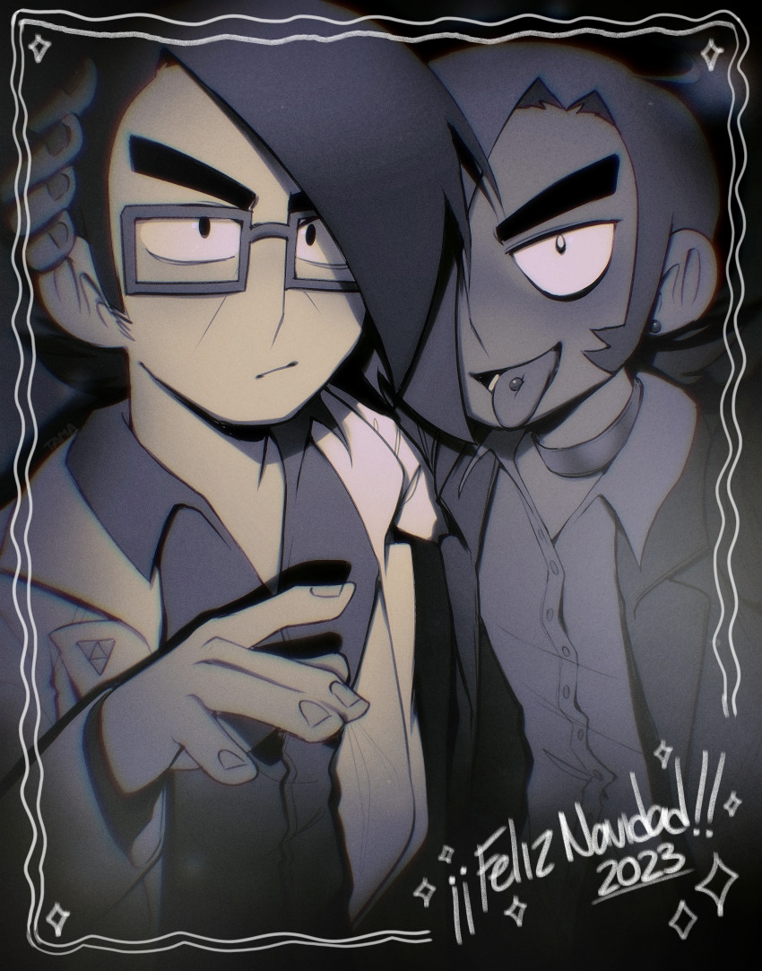 2023 2boys black_background black_eyeliner blush christmas closed_mouth collar collared_shirt commentary dark-skinned_male dark_skin dated ear_piercing existenc3 eyeliner furrowed_brow gideon_graves glasses greyscale hair_over_one_eye hand_on_another&#039;s_head hand_up highres jacket looking_at_viewer makeup male_focus matthew_patel monochrome multiple_boys open_mouth piercing rectangular_eyewear scott_pilgrim_(series) scott_pilgrim_takes_off shirt short_hair smile spanish_text tongue tongue_out tongue_piercing upper_body
