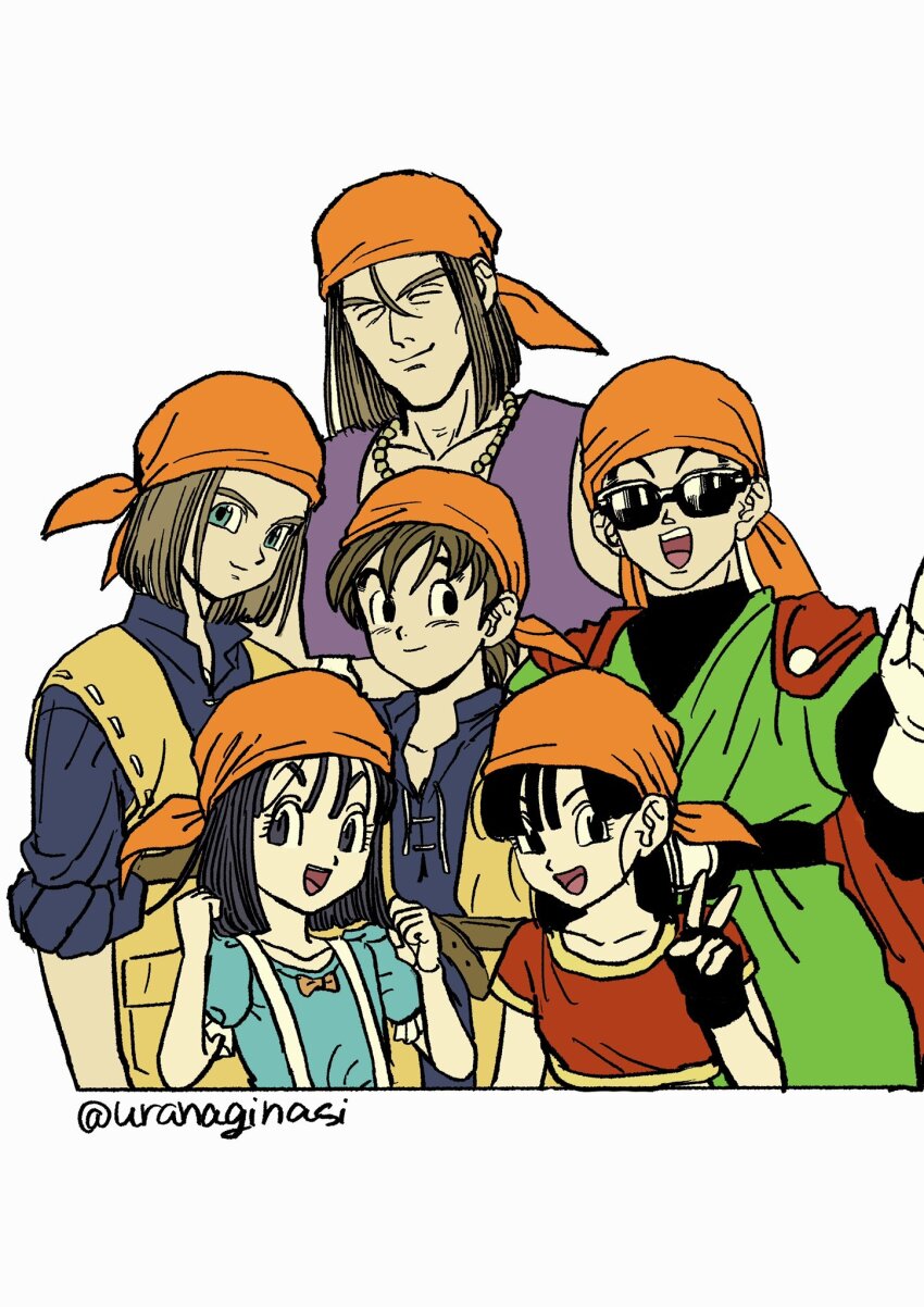 2girls 4boys :d aqua_eyes aqua_shirt bandana black_bodysuit black_eyes black_hair blue_shirt blunt_bangs blunt_ends bodysuit brown_hair cape closed_eyes cosplay creator_connection crossover dragon_ball dragon_ball_gt dragon_quest dragon_quest_ix dragon_quest_viii dragon_quest_xi father_and_daughter great_saiyaman green_tunic hero_(dq11) hero_(dq8) hero_(dq8)_(cosplay) highres hunfrey_(dq11) jewelry medium_hair multiple_boys multiple_girls necklace open_mouth orange_bandana pan_(dragon_ball) parent_and_child puffy_short_sleeves puffy_sleeves purple_vest red_cape red_shirt rikka_(dq9) shirt short_hair short_sleeves sleeves_rolled_up smile son_gohan sunglasses trait_connection tunic twitter_username upper_body uranagi_(uranaginasi) v vest white_background