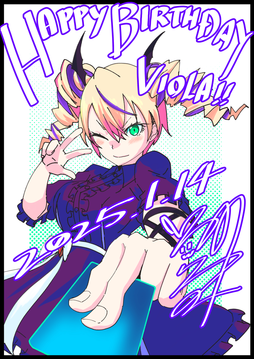 1girl absurdres blonde_hair breasts card dated digimon digimon_card_game digimon_liberator dress green_eyes happy_birthday highres holding holding_card large_breasts multicolored_hair one_eye_closed purple_dress purple_hair signature solo streaked_hair trading_card two-tone_hair usagibochi violet_inboots w