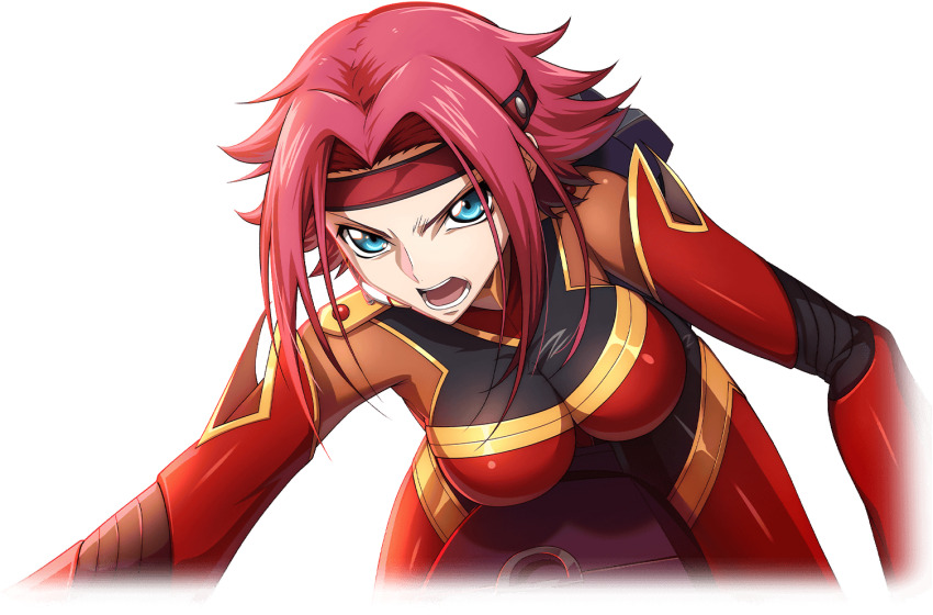 1girl blue_eyes bodysuit breasts code_geass code_geass:_fukkatsu_no_lelouch code_geass:_lost_stories f4samurai knightmare_frame kouzuki_kallen large_breasts official_art open_mouth red_bodysuit red_hair short_hair simple_background solo teeth transparent_background