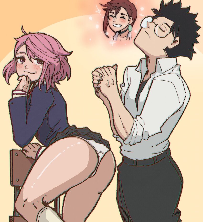 1boy 2girls ass ass_focus ayase_momo black_choker black_hair black_pants blush bow brown_hair chair choker dandadan earrings glasses hair_between_eyes highres implied_cheating_(relationship) jewelry long_sleeves mark_gavatino meme monk_temptation_(meme) multiple_girls on_chair own_hands_clasped own_hands_together panties pants pink_eyes pink_hair praying presenting presenting_ass red_bow redrawn round_eyewear school_uniform shiratori_aira_(dandadan) shirt short_hair skirt socks takakura_ken_(dandadan) underwear upskirt white_panties white_shirt