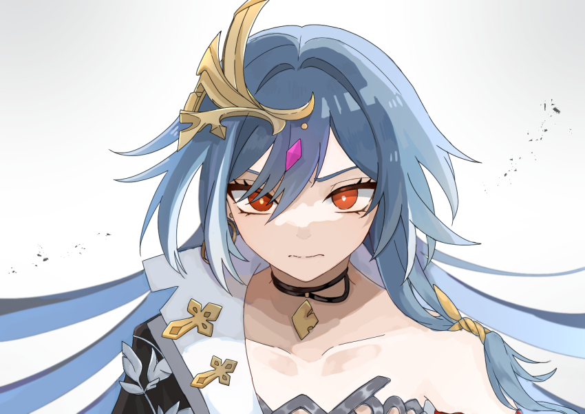 1girl black_choker choker collarbone fu_hua fu_hua_(herrscher_of_sentience) grey_hair hair_ornament honkai_(series) honkai_impact_3rd long_hair red_eyes simple_background solo ufo_(23494318) upper_body white_background