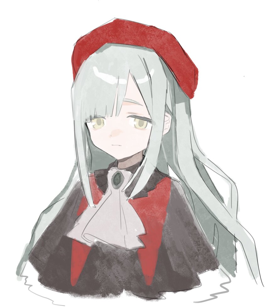 1984_(cw1000110) 1girl ascot bang_dream! bang_dream!_it&#039;s_mygo!!!!! beret closed_mouth cropped_torso expressionless green_hair hat highres long_hair looking_at_viewer mortis_(bang_dream!) mortis_(costume)_(bang_dream!) red_hat sidelocks simple_background solo upper_body wakaba_mutsumi white_background yellow_eyes