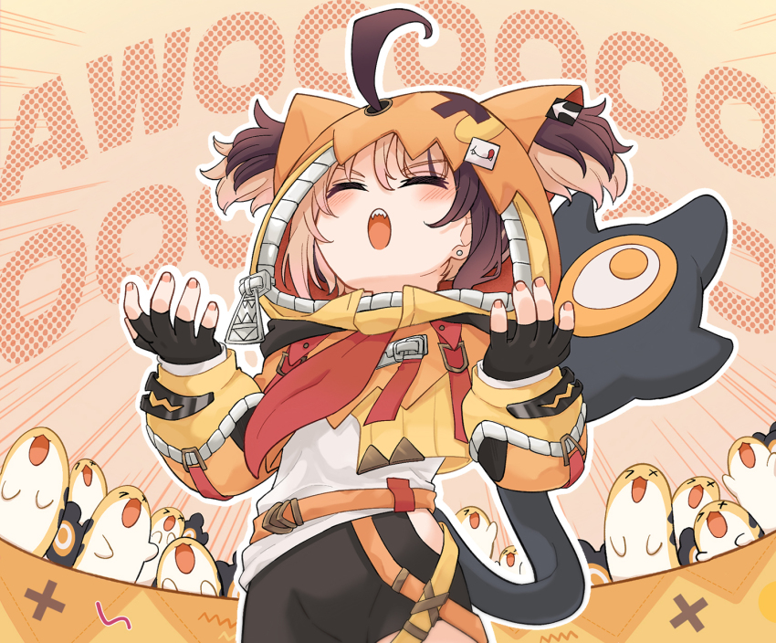 1girl ahoge belt bike_shorts brown_hair buckle commentary cowboy_shot crossed_belts earrings fingerless_gloves fingernails fuyuu_seibutsu gigi_murin gigi_murin_(1st_costume) gloves grem_(gigi_murin) hair_through_hood hands_up highres hip_vent hololive hololive_english hood hood_up hooded_shrug howling jewelry long_sleeves multicolored_hair neckerchief open_mouth orange_background orange_belt orange_shrug red_neckerchief sharp_teeth shirt short_hair short_twintails shrug_(clothing) sound_effects strap streaked_hair tail teeth twintails upper_teeth_only virtual_youtuber white_shirt x