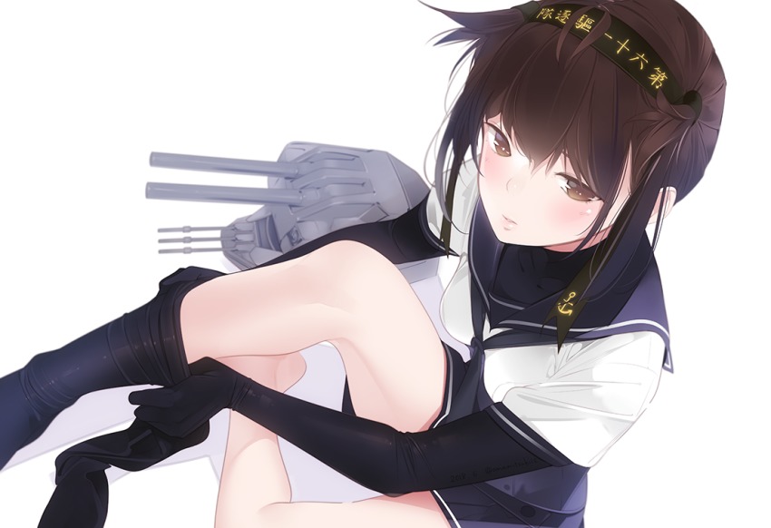 1girl ama_mitsuki anchor_symbol black_bodysuit black_gloves black_pantyhose black_skirt blush bodysuit brown_eyes brown_hair chou-10cm-hou-chan chou-10cm-hou-chan_(hatsuzuki&#039;s) commentary_request dressing female_focus from_above gloves hachimaki hair_flaps hairband hatsuzuki_(kancolle) headband kantai_collection machinery neckerchief pantyhose parted_lips pleated_skirt putting_on_legwear school_uniform serafuku ship_turret short_hair short_sleeves simple_background sitting skirt solo white_background