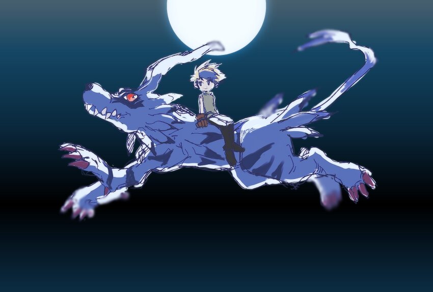 blonde_hair blue_fur blurry blurry_background body_fur digimon digimon_(creature) digimon_adventure full_body full_moon garurumon green_shirt highres ishida_yamato megane_mochi moon night red_eyes riding sharp_teeth shirt sketch teeth wolf