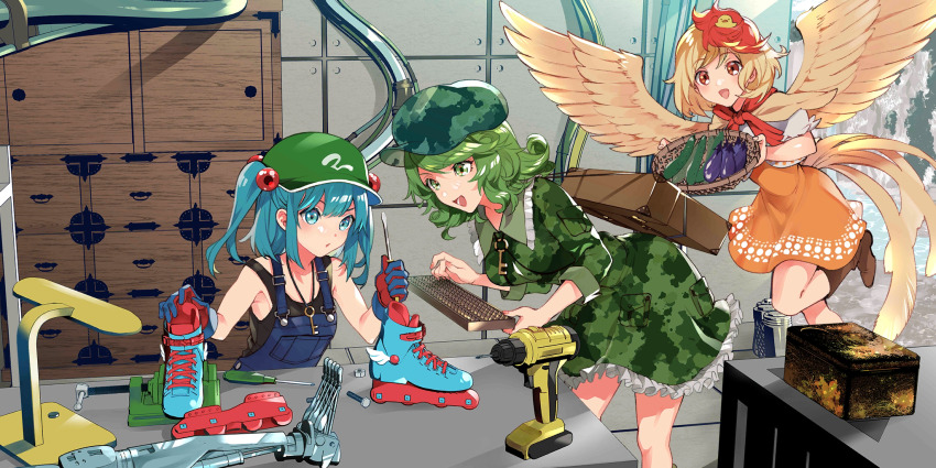 3girls abacus alternate_costume animal animal_on_head bird bird_on_head bird_tail bird_wings black_undershirt blonde_hair blue_eyes blue_gloves blue_hair blue_overalls boots breasts brown_boots camouflage camouflage_headwear camouflage_shirt camouflage_skirt chick collared_shirt commentary cucumber dress eggplant english_commentary feathered_wings flat_cap frilled_shirt_collar frills game_cg gloves green_eyes green_hair green_hat green_shirt green_skirt hair_bobbles hair_ornament hat highres holding holding_screwdriver jewelry kawashiro_nitori key key_necklace leg_up long_hair long_sleeves multicolored_hair multiple_girls necklace niwatari_kutaka official_art on_head open_mouth orange_dress overalls power_drill red_gloves red_hair roller_skates screwdriver shirt shoes short_sleeves skates skirt sleeveless sleeveless_shirt sleeves_rolled_up smile sumeshi_(ambivalince) tail third-party_source touhou touhou_lostword two-tone_gloves two-tone_hair two_side_up unworn_shoes wings yamashiro_takane yellow_wings
