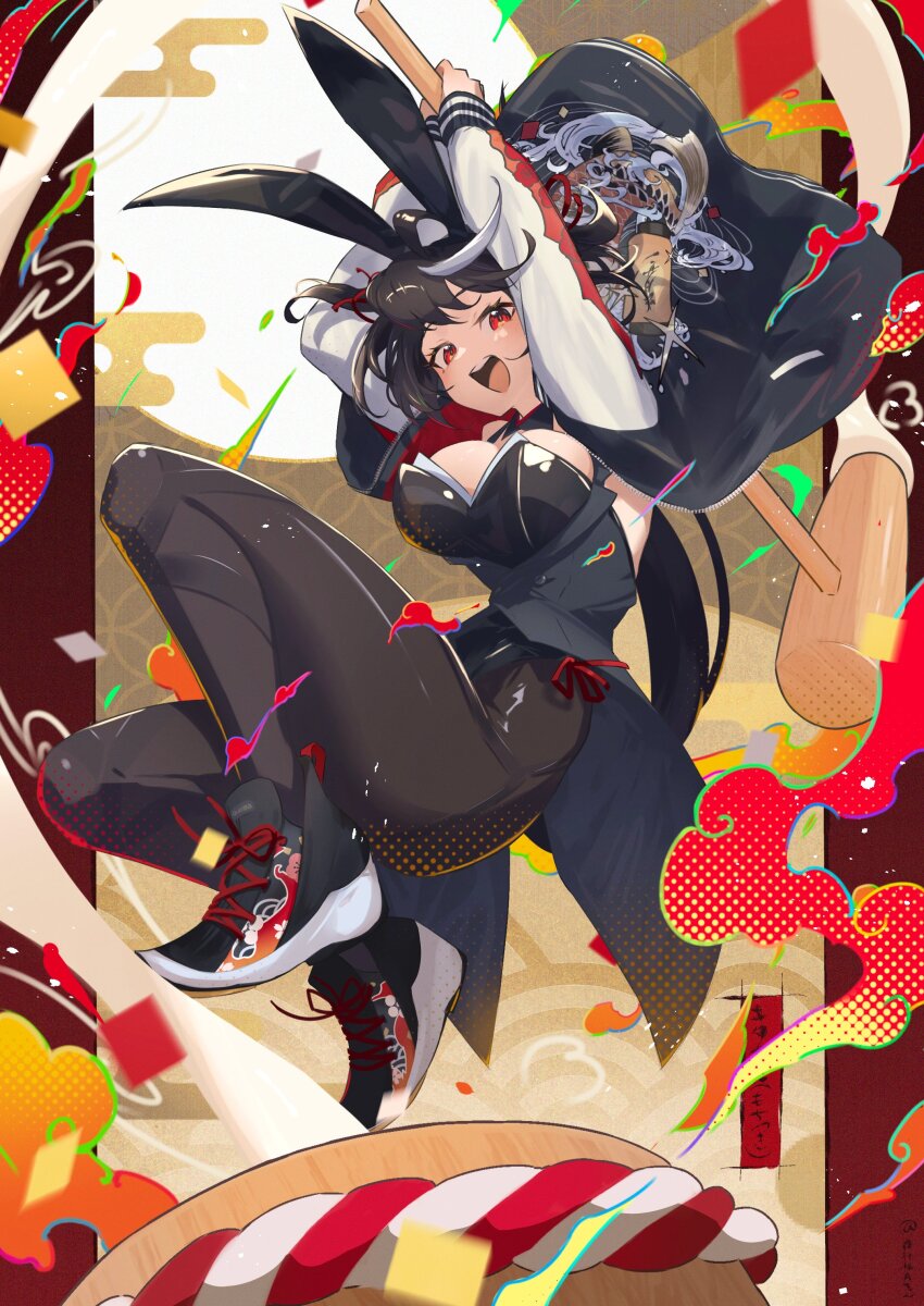 1girl absurdres black_leotard black_shoes breasts hammer highres holding holding_hammer horse_girl horse_tail jacket kitasan_black_(umamusume) leotard looking_at_viewer multicolored_hair open_clothes open_jacket playboy_bunny print_jacket red_eyes shoes short_hair solo streaked_hair sukajan tail umamusume yakousei_a