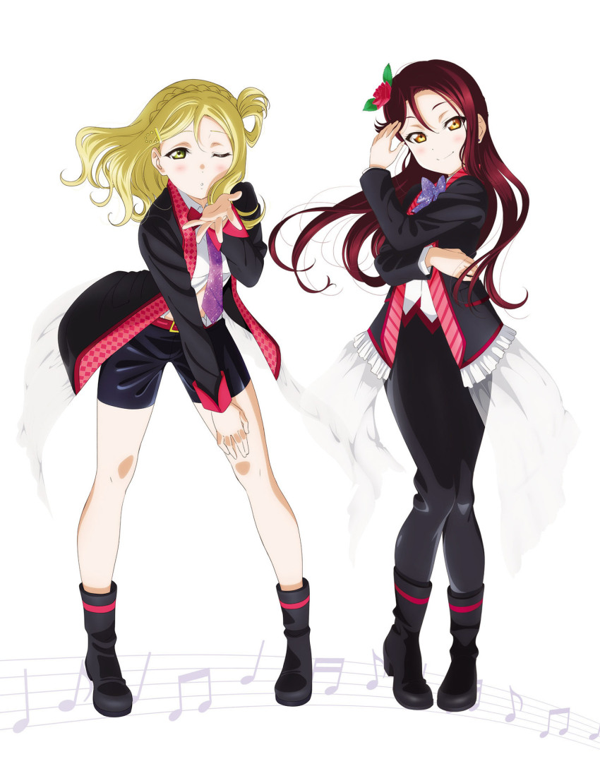 2girls artbook black_jacket black_pants black_shorts blonde_hair blush boots bow bowtie braid crown_braid floating_hair flower full_body hair_between_eyes hair_flower hair_ornament hair_rings highres jacket kowareyasuki leaning_forward long_hair long_sleeves looking_at_viewer love_live! love_live!_sunshine!! multiple_girls musical_note necktie non-web_source official_alternate_costume official_art ohara_mari one_eye_closed pants purple_bow purple_bowtie purple_necktie red_flower red_hair red_rose rose sakurauchi_riko shirt shorts smile standing white_background yellow_eyes